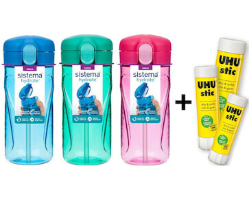 Láhev Quick Flip Top s brčkem 520 ml Sistema® Hydrate™ mix + balení lepidel UHU STIC